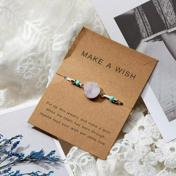 Natural Stone White Braid Make A Wish Card Bracelet