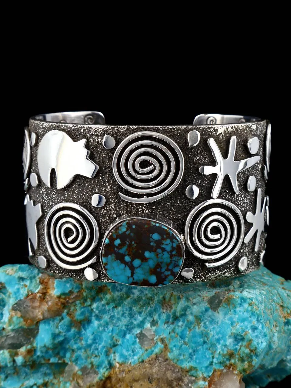 Navajo Sterling Silver Pilot Mountain Turquoise Petroglyph Cuff Bracelet