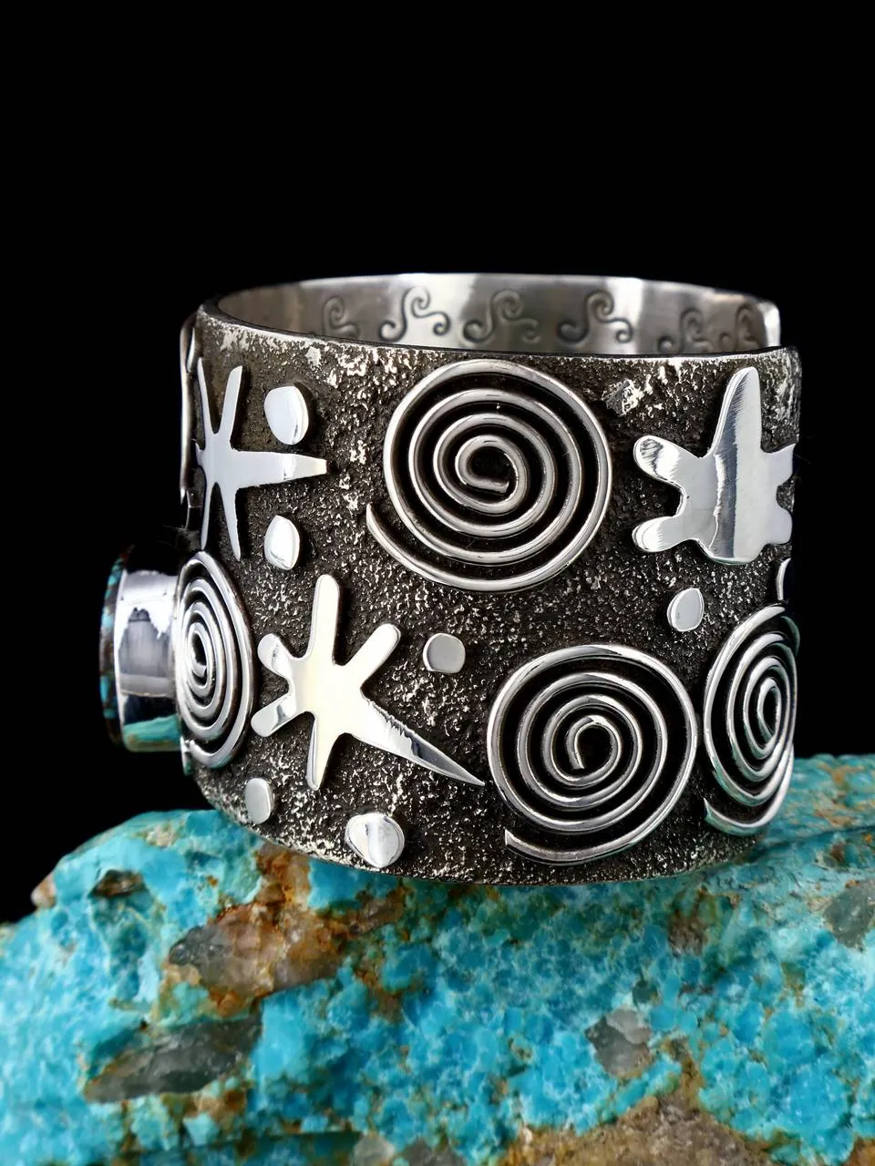 Navajo Sterling Silver Pilot Mountain Turquoise Petroglyph Cuff Bracelet