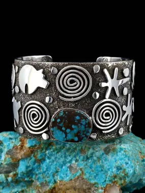 Navajo Sterling Silver Pilot Mountain Turquoise Petroglyph Cuff Bracelet