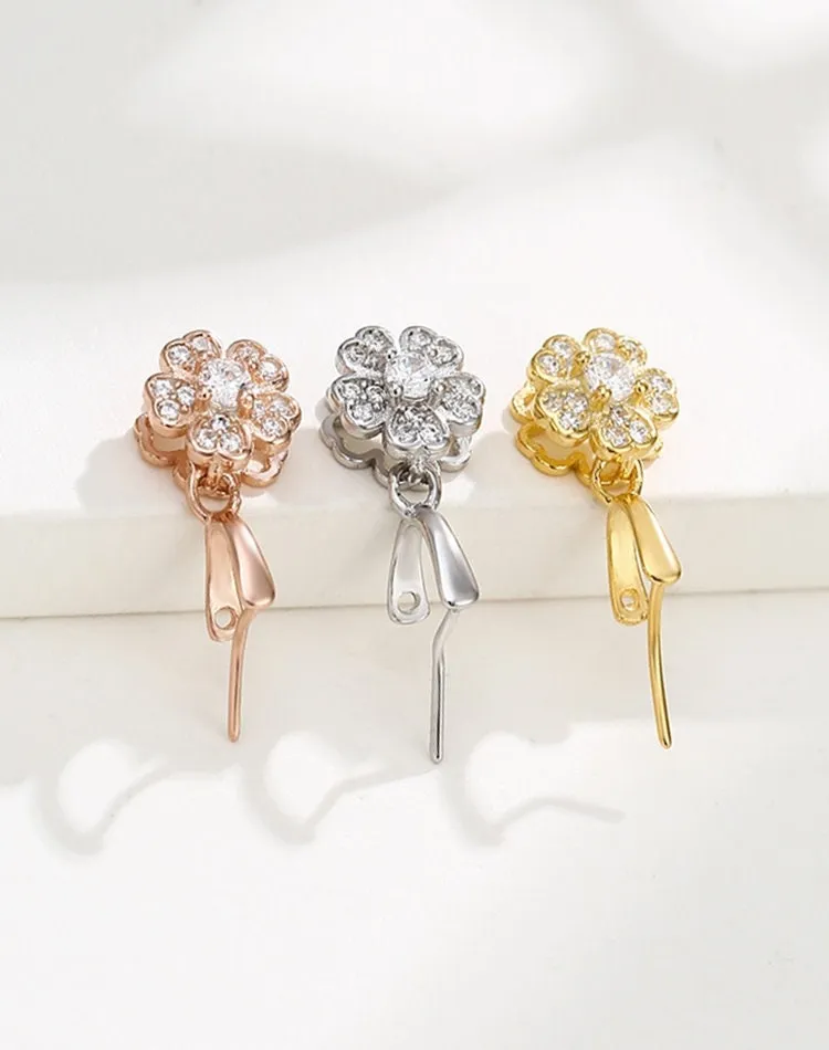 Necklace Pendant Blank Setting Flower Pinch Bail 4x4mm Sterling Silver Fine 925 For Smooth Donut Bead DIY Jewelry Finding Wholesale 1pc