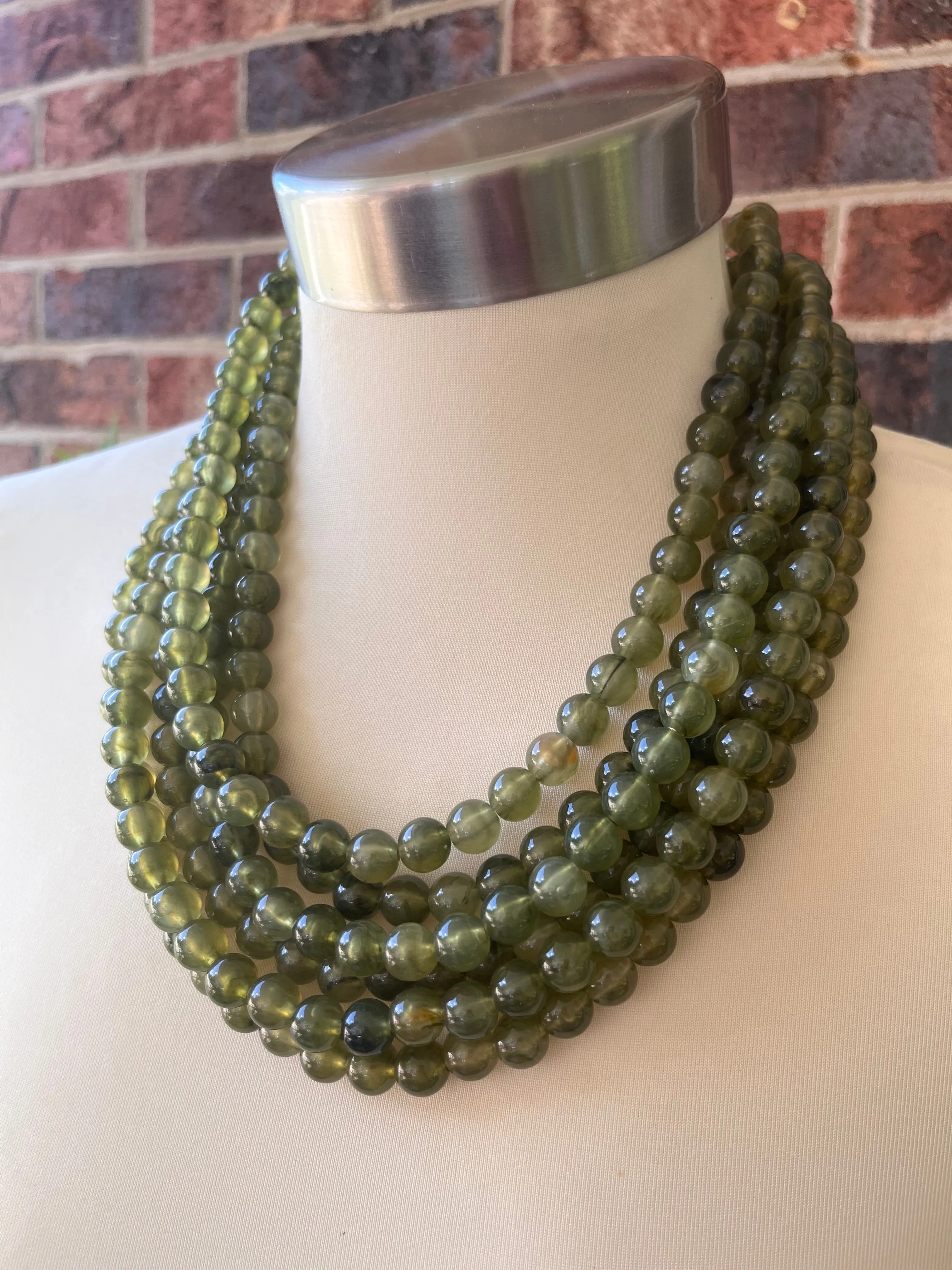 Olive Green Acrylic Lucite Bead Chunky Multi Strand Statement Necklace - Alana
