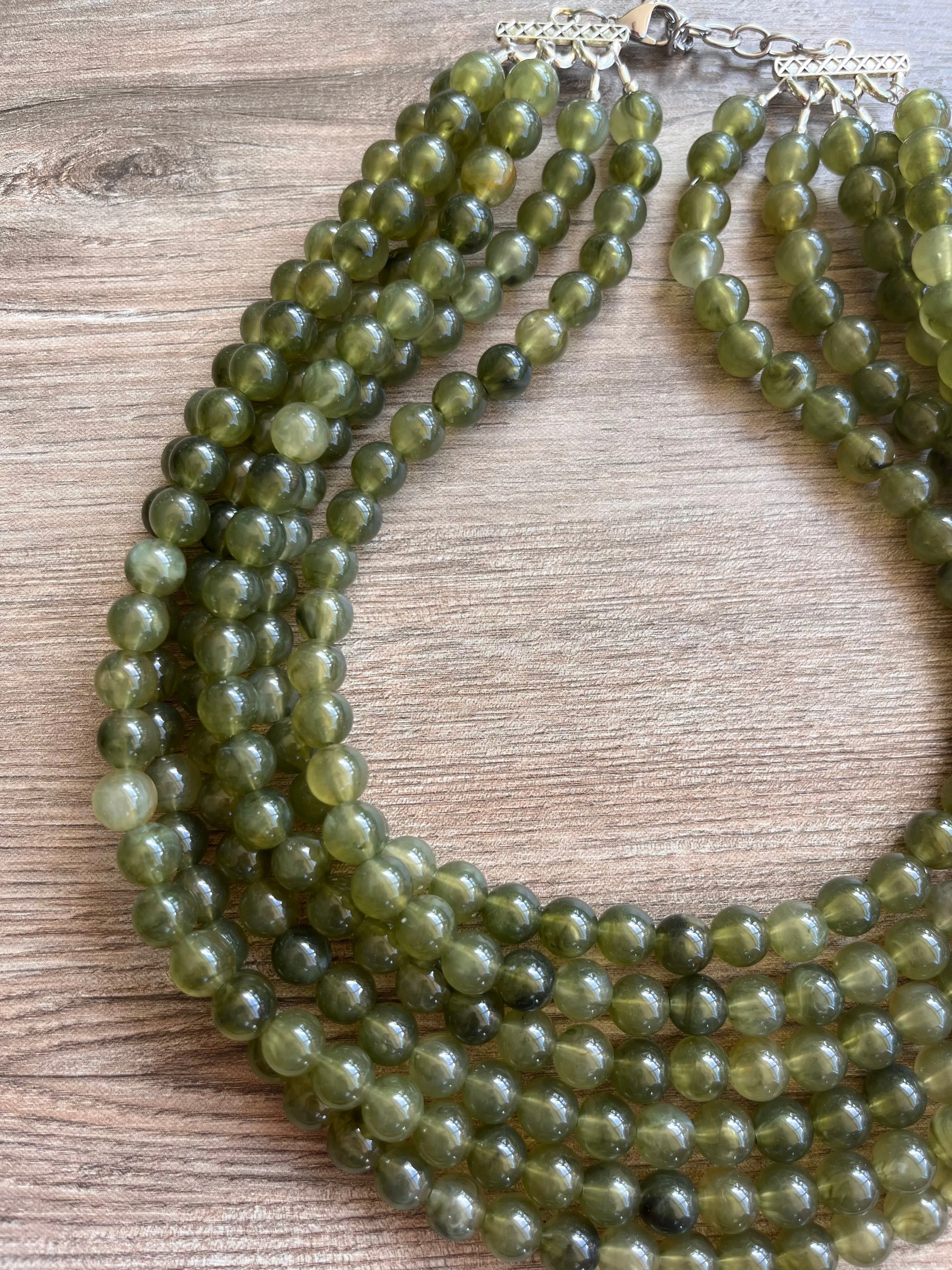 Olive Green Acrylic Lucite Bead Chunky Multi Strand Statement Necklace - Alana