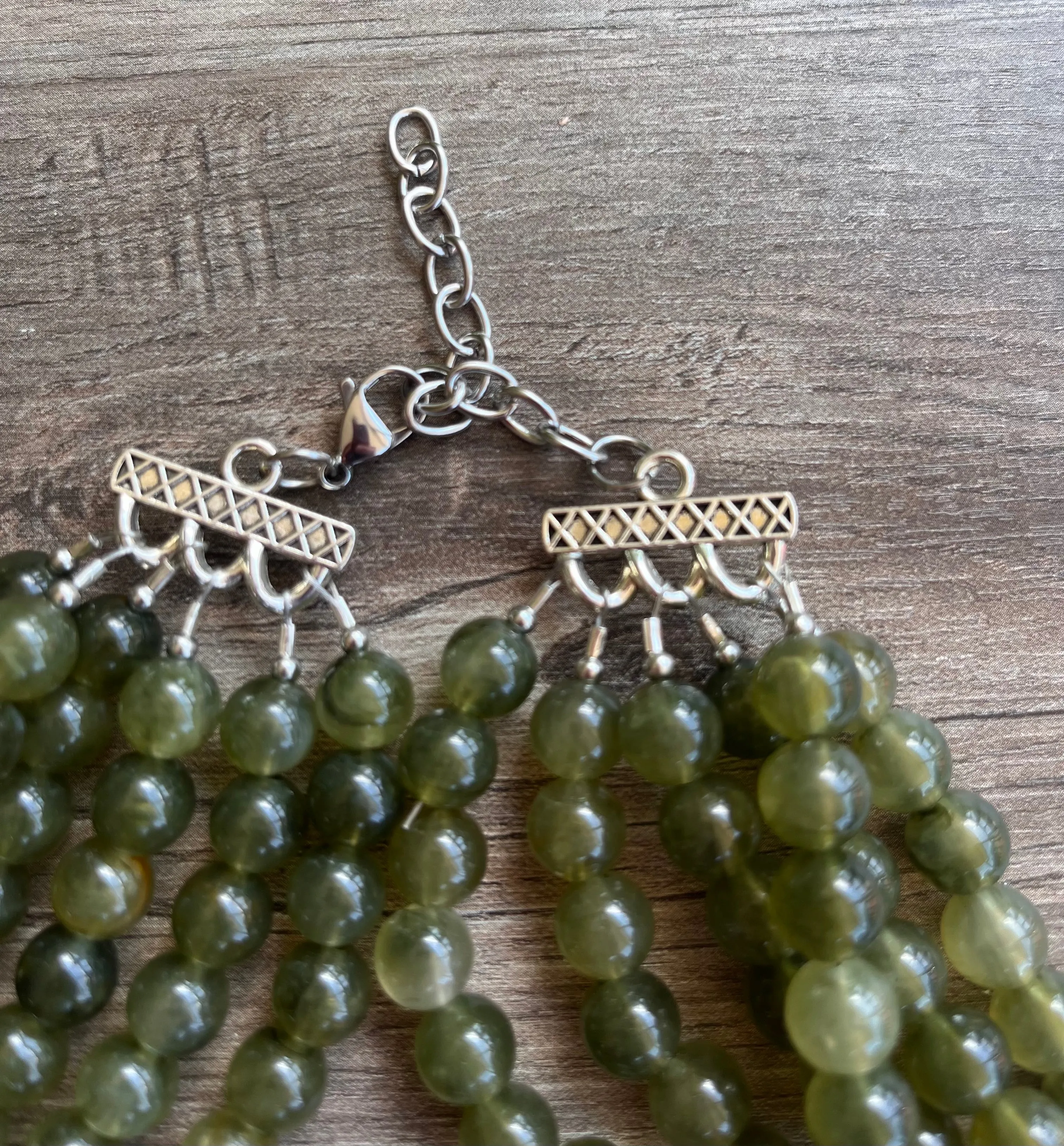 Olive Green Acrylic Lucite Bead Chunky Multi Strand Statement Necklace - Alana