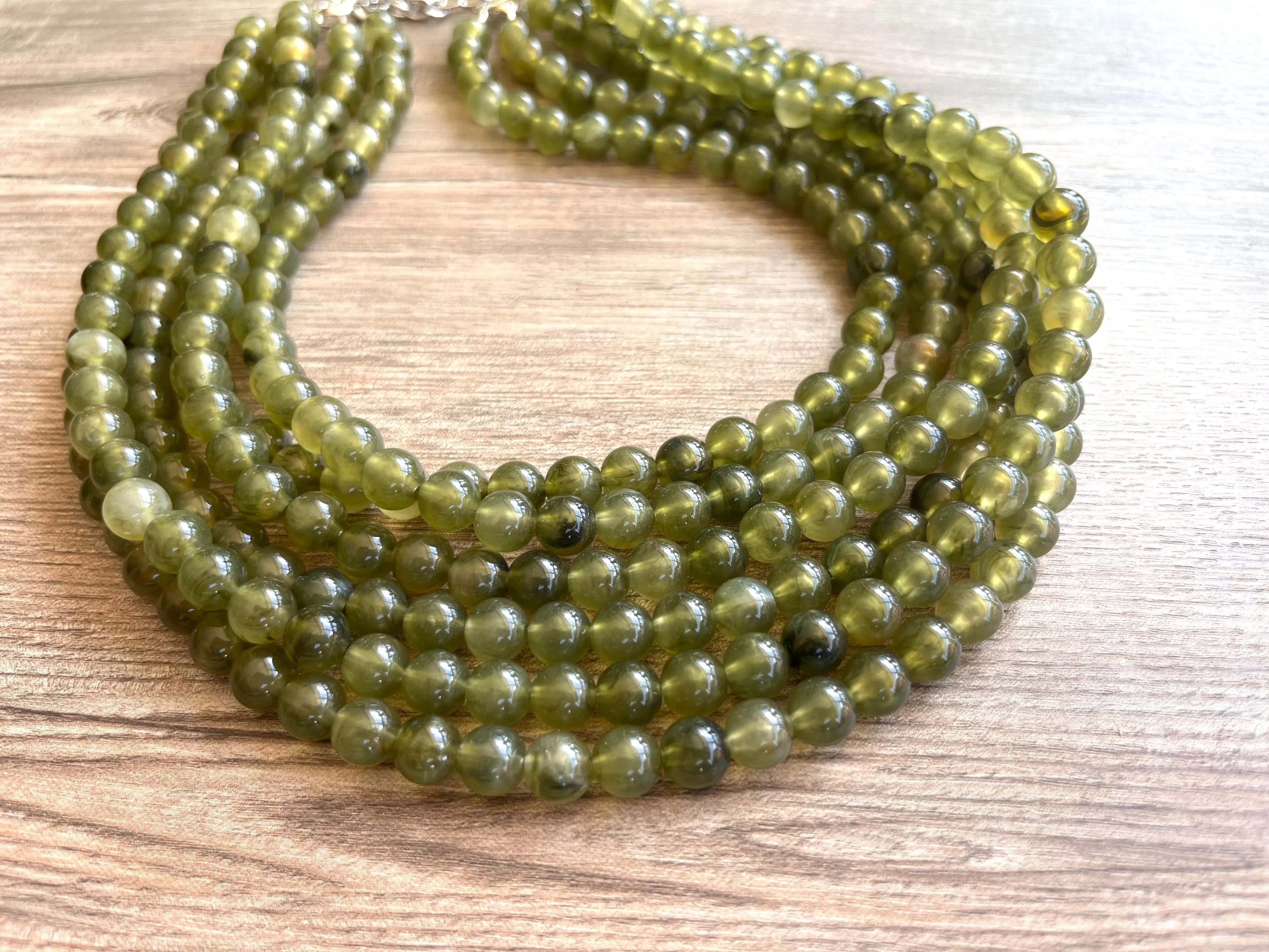Olive Green Acrylic Lucite Bead Chunky Multi Strand Statement Necklace - Alana