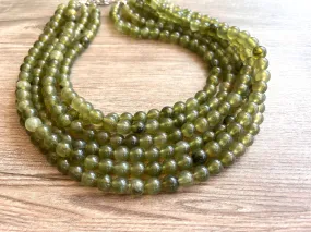 Olive Green Acrylic Lucite Bead Chunky Multi Strand Statement Necklace - Alana