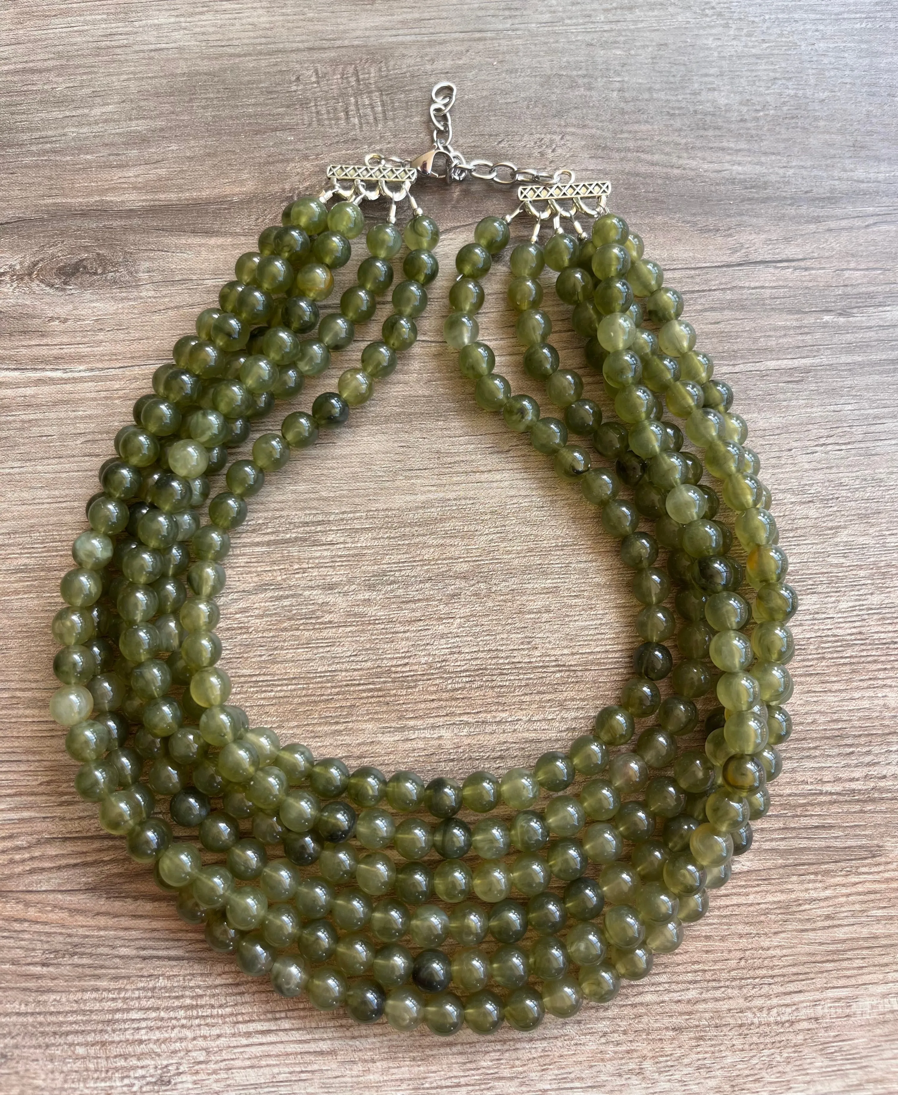 Olive Green Acrylic Lucite Bead Chunky Multi Strand Statement Necklace - Alana