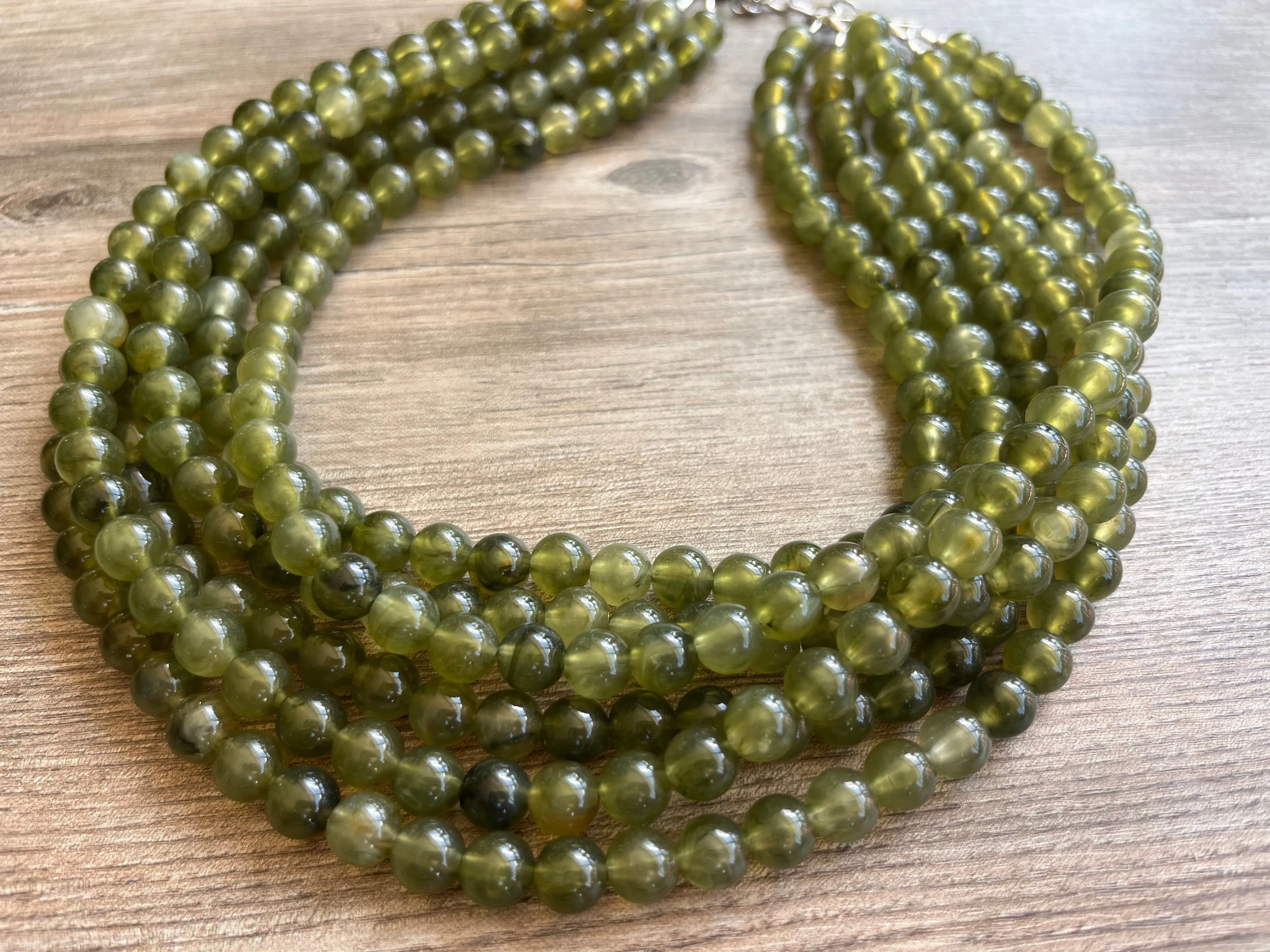 Olive Green Acrylic Lucite Bead Chunky Multi Strand Statement Necklace - Alana