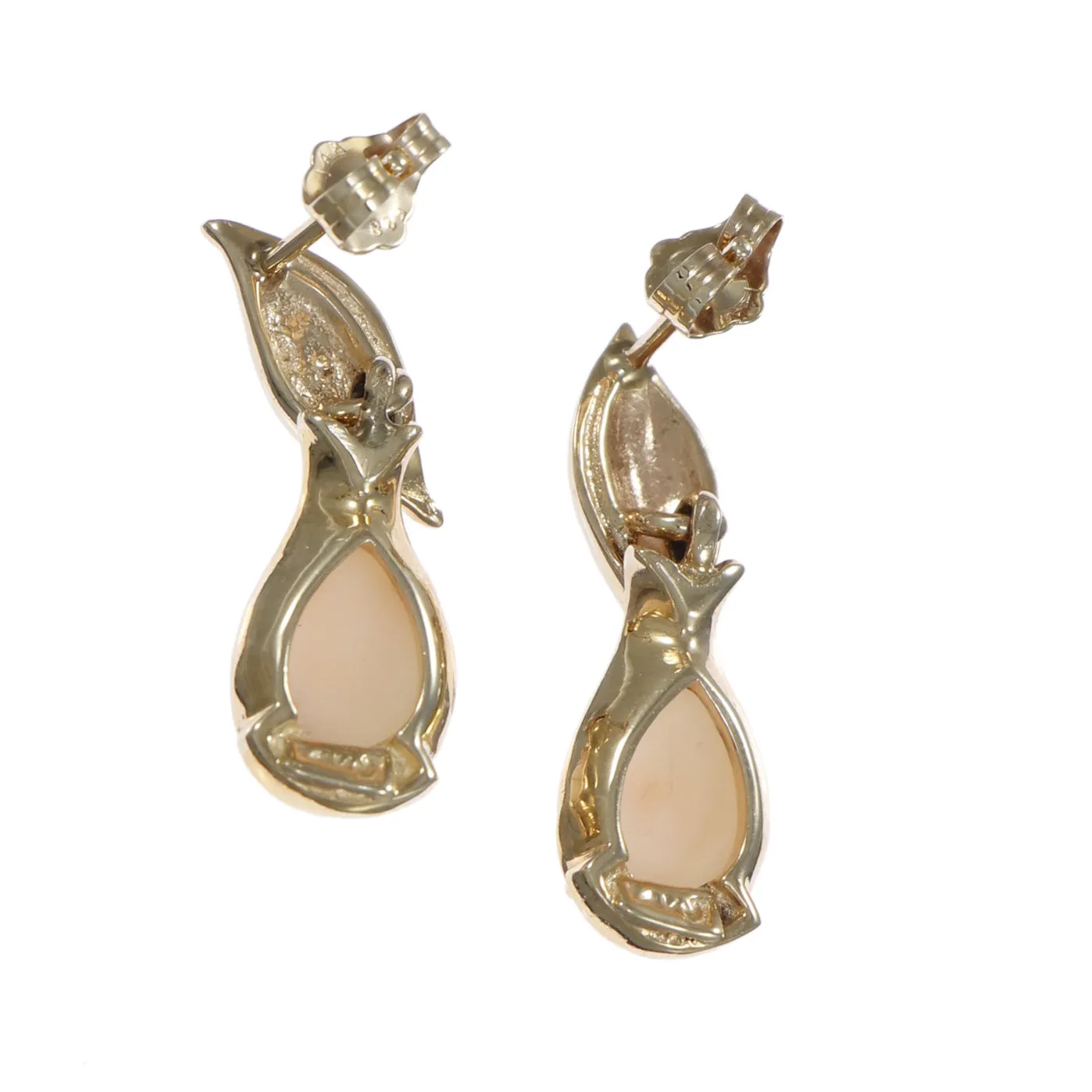 Pear Shape Pink Coral Leaf Drop Dangle Earrings Solid 14k Yellow Gold 4.6g