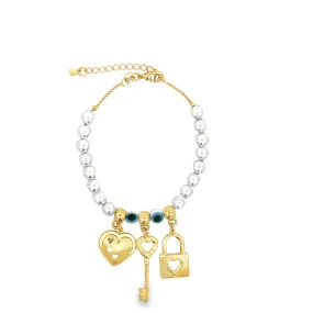 Pearl Adjustable Bracelet with Heart & Lock Charms (I278)