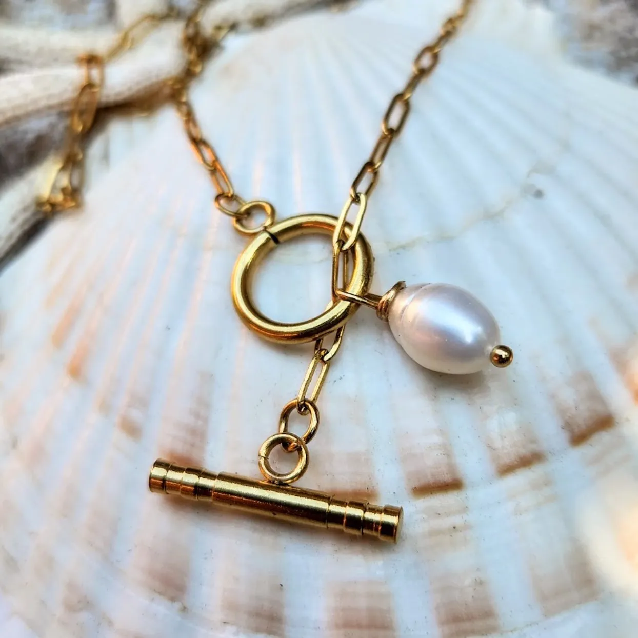 PEARL T  CLASP WATERPROOF PAPERCLIP 18K GOLD NECKLACE