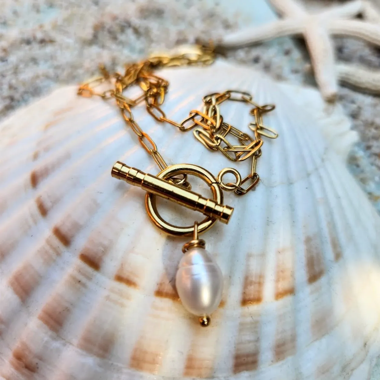 PEARL T  CLASP WATERPROOF PAPERCLIP 18K GOLD NECKLACE