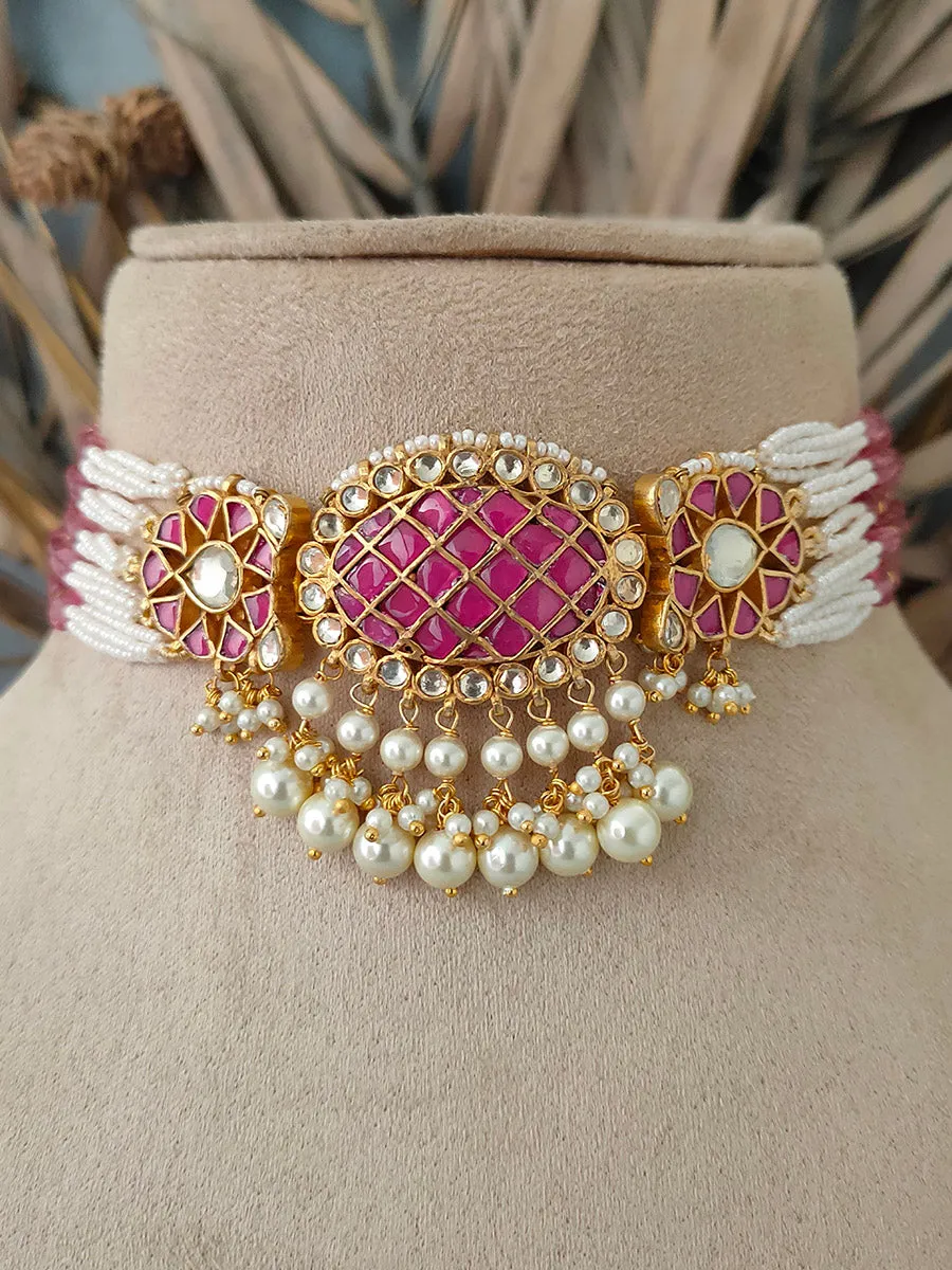 Pink Color Gold Plated Jadau Kundan Necklace Set - MS1398P