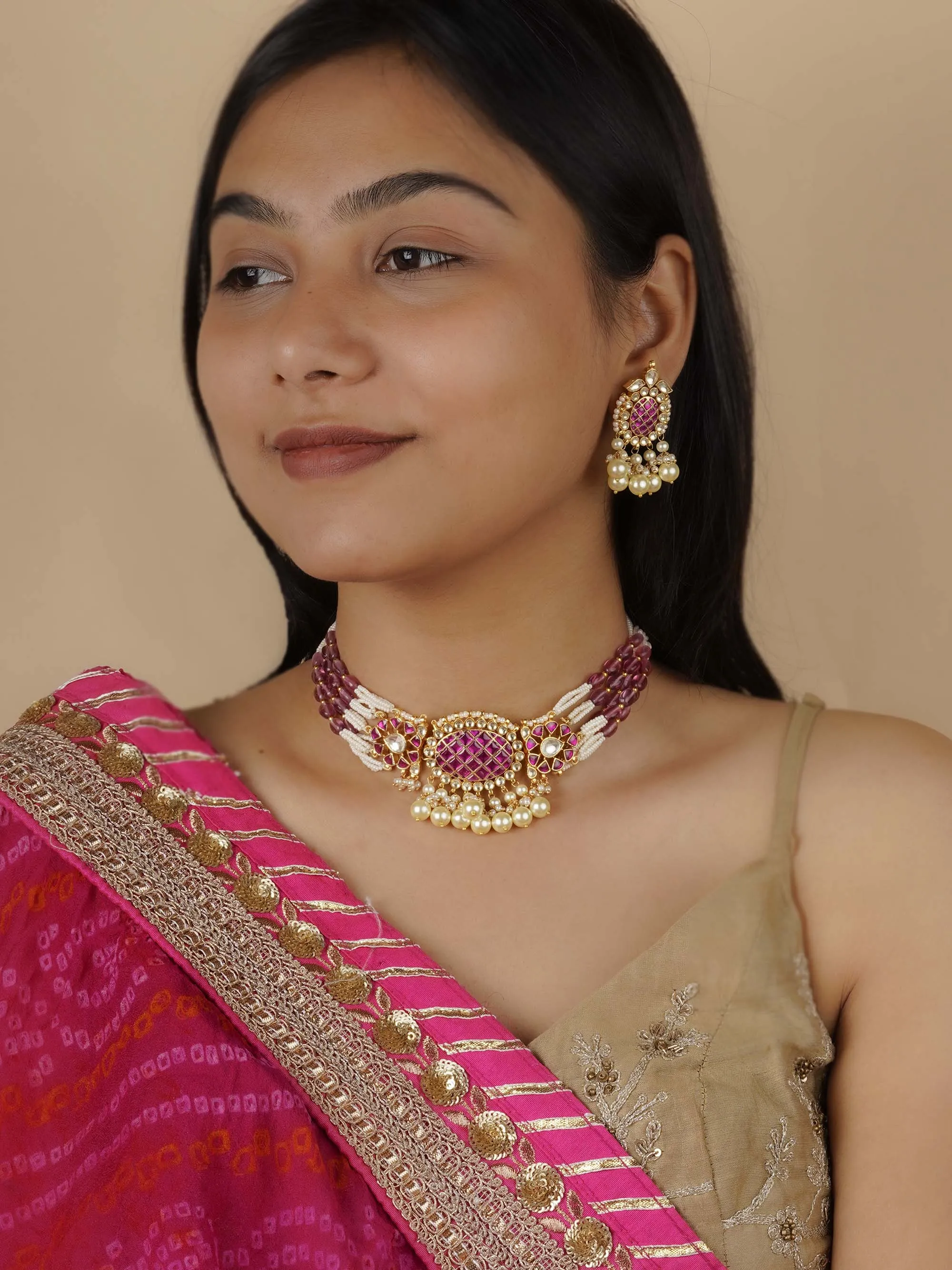 Pink Color Gold Plated Jadau Kundan Necklace Set - MS1398P