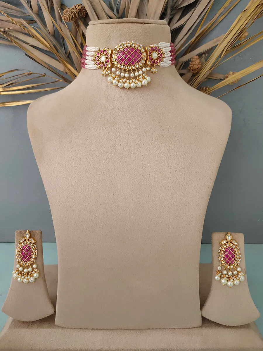 Pink Color Gold Plated Jadau Kundan Necklace Set - MS1398P