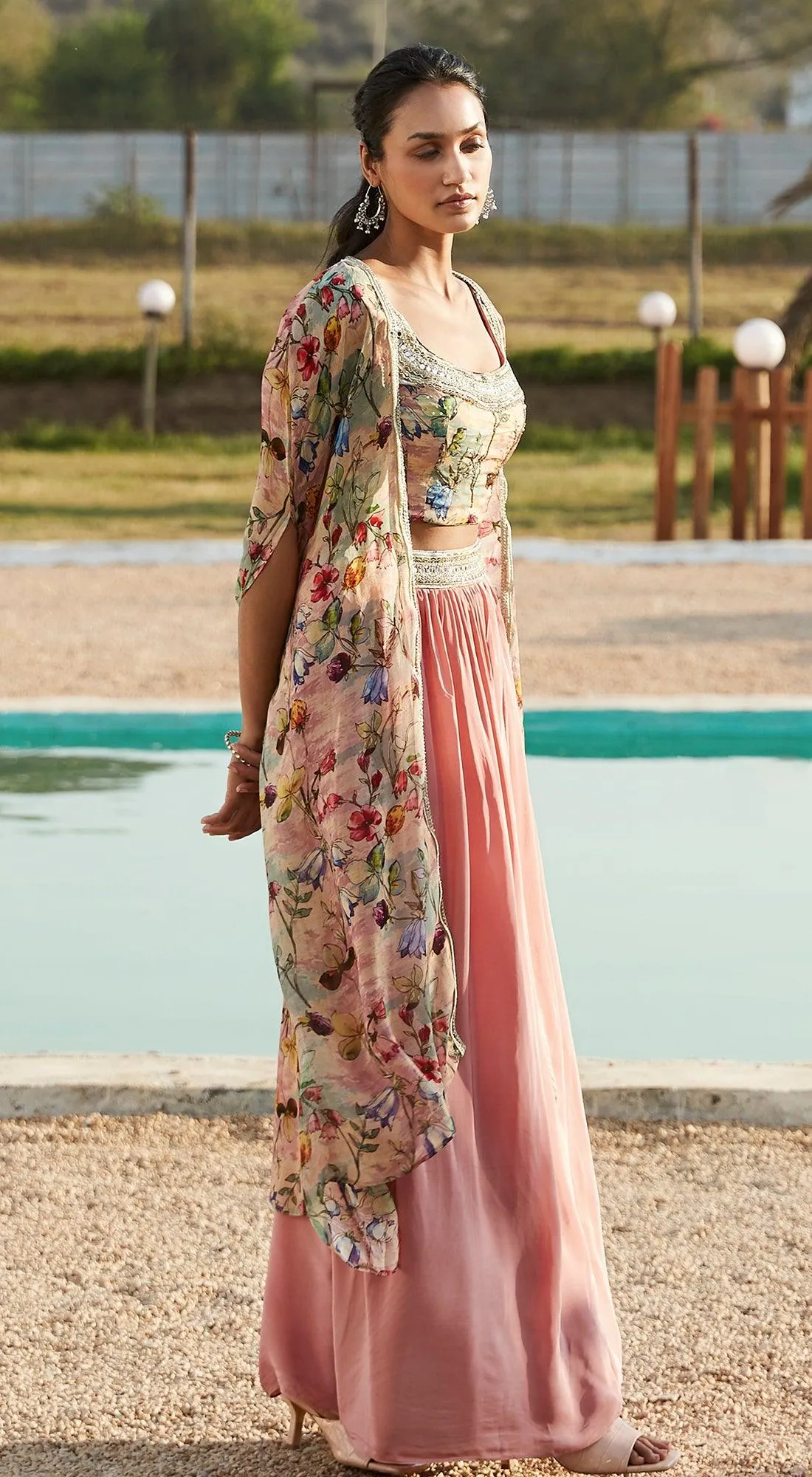 Pink Skirt Set With Cape