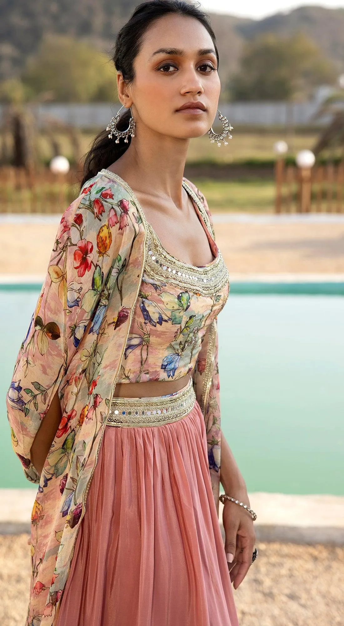 Pink Skirt Set With Cape