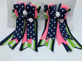 PonyTail Bows- Navy Green Stripes/Polka Dots