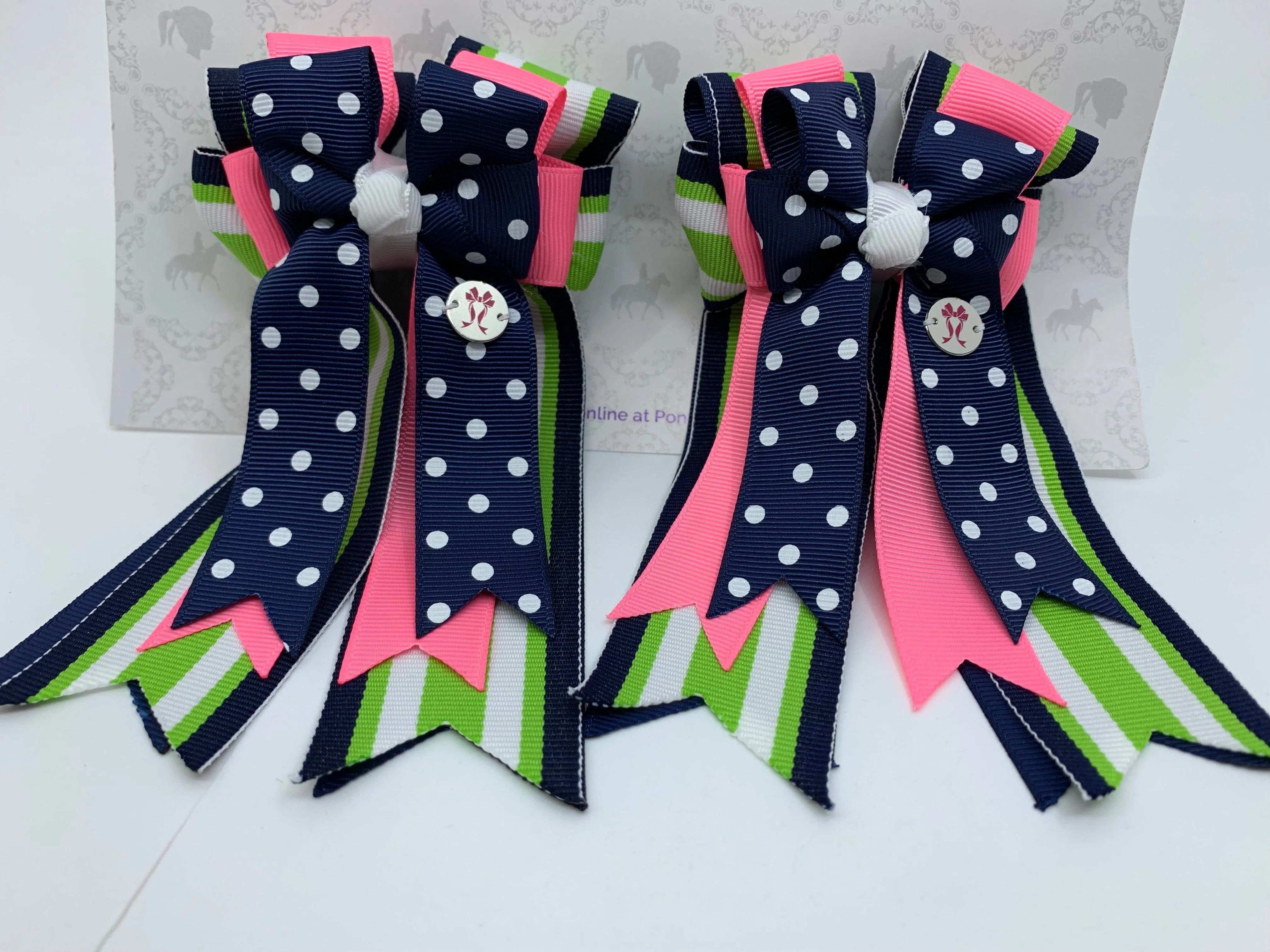 PonyTail Bows- Navy Green Stripes/Polka Dots