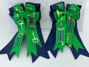 PonyTail Bows- Navy/Green Bits