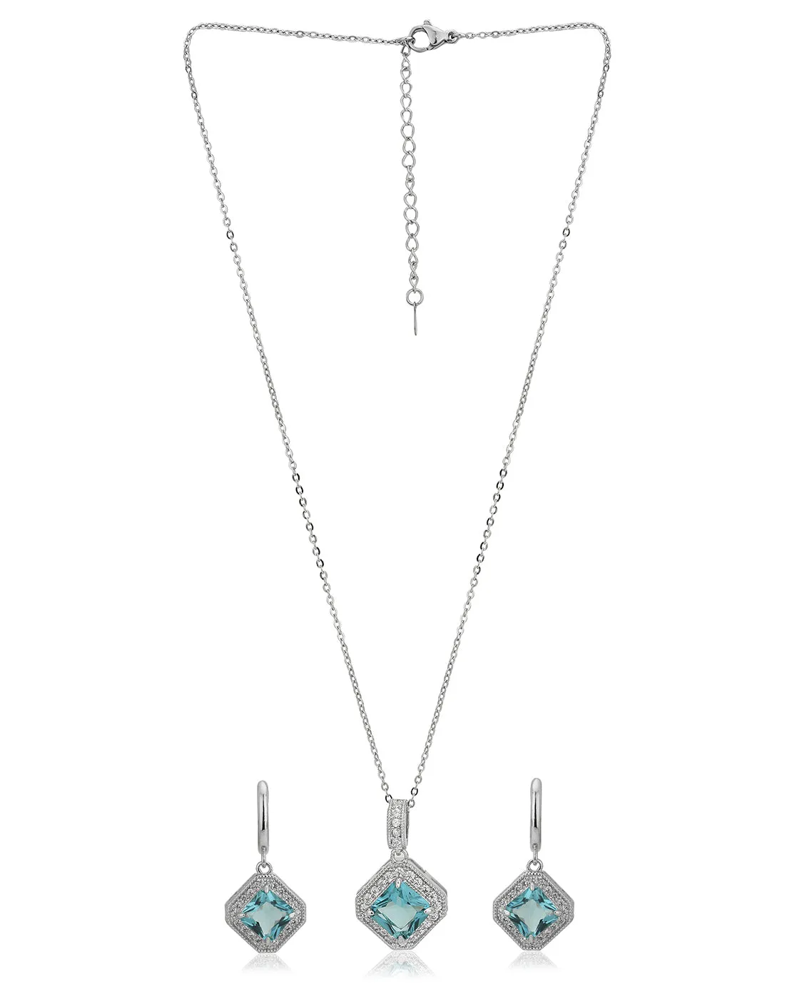 Premium Aquamarine Blue With Rhodium Plated Cz Necklace And Earring Set For Women