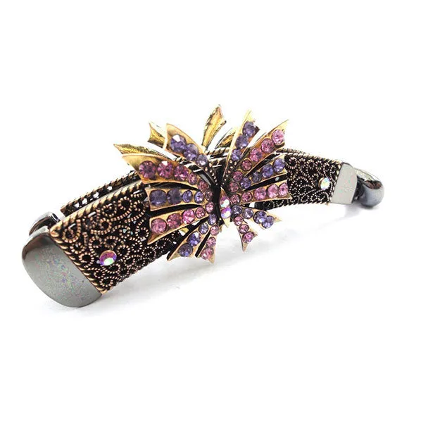 Purple Butterfly Double-sided Banana Vertical Hair Barrette w/ Rhinestones