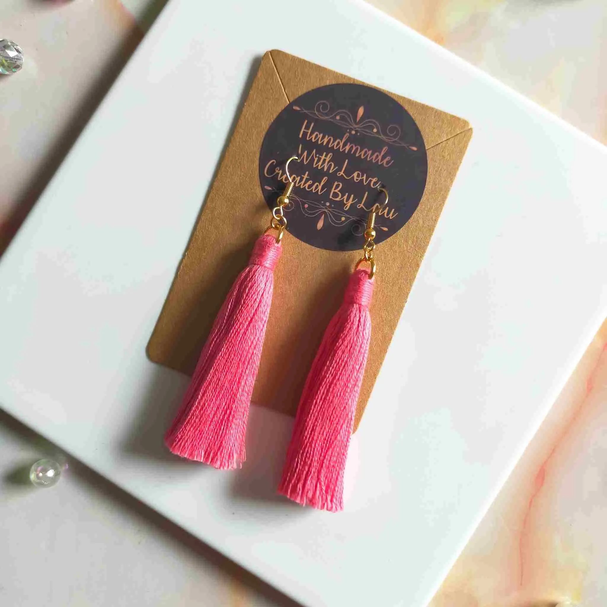 "Lia" Coral Gold Plated Cotton Macramé Tassel Earrings
