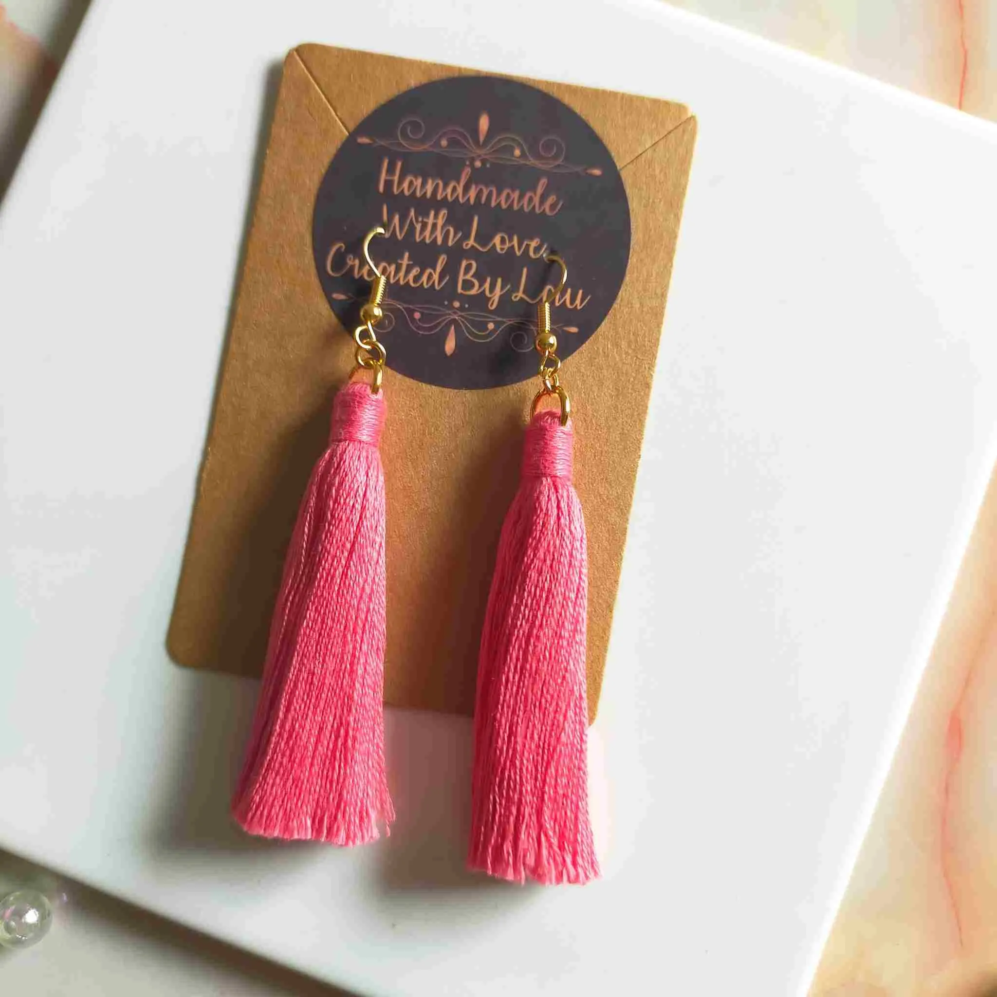 "Lia" Coral Gold Plated Cotton Macramé Tassel Earrings