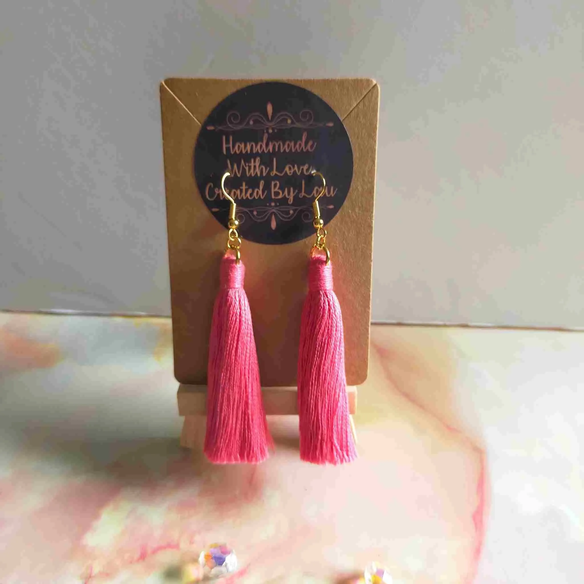 "Lia" Coral Gold Plated Cotton Macramé Tassel Earrings