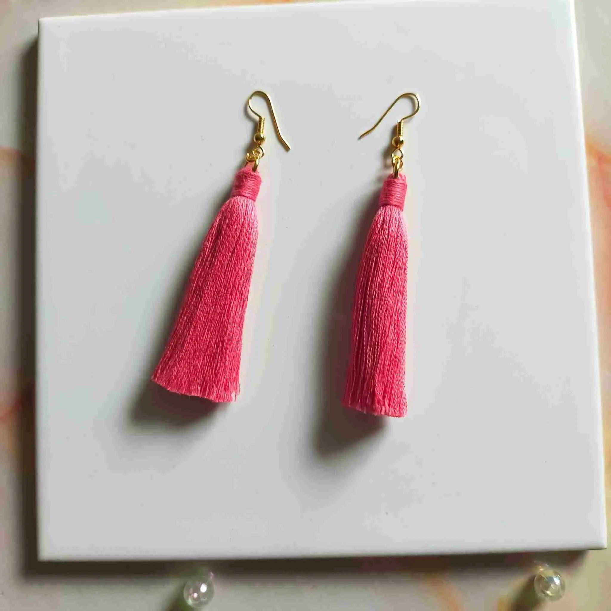 "Lia" Coral Gold Plated Cotton Macramé Tassel Earrings