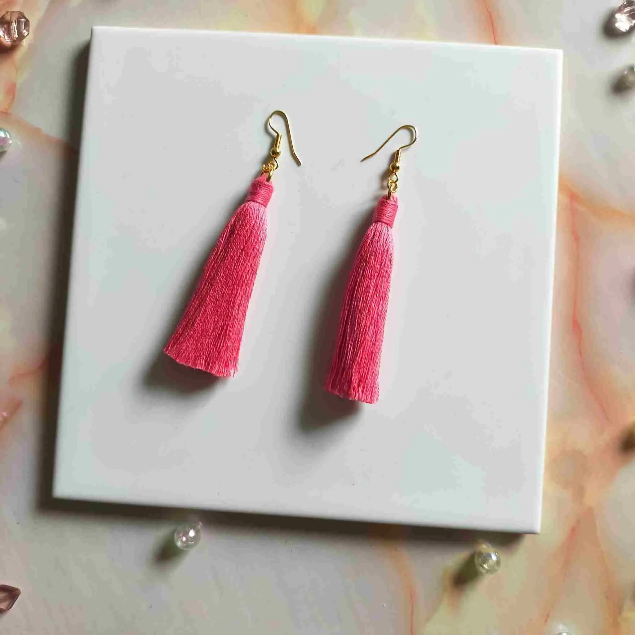 "Lia" Coral Gold Plated Cotton Macramé Tassel Earrings