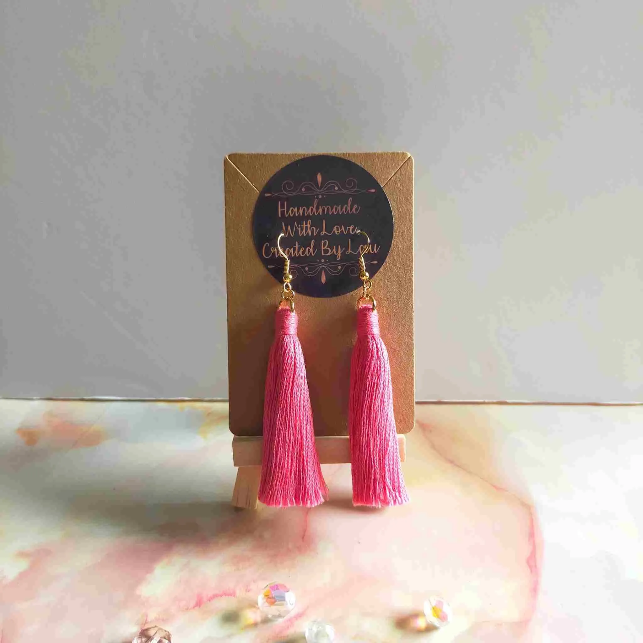 "Lia" Coral Gold Plated Cotton Macramé Tassel Earrings