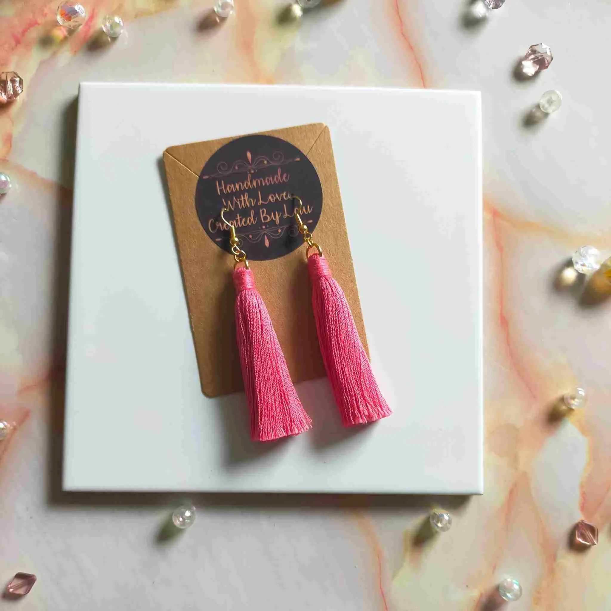"Lia" Coral Gold Plated Cotton Macramé Tassel Earrings