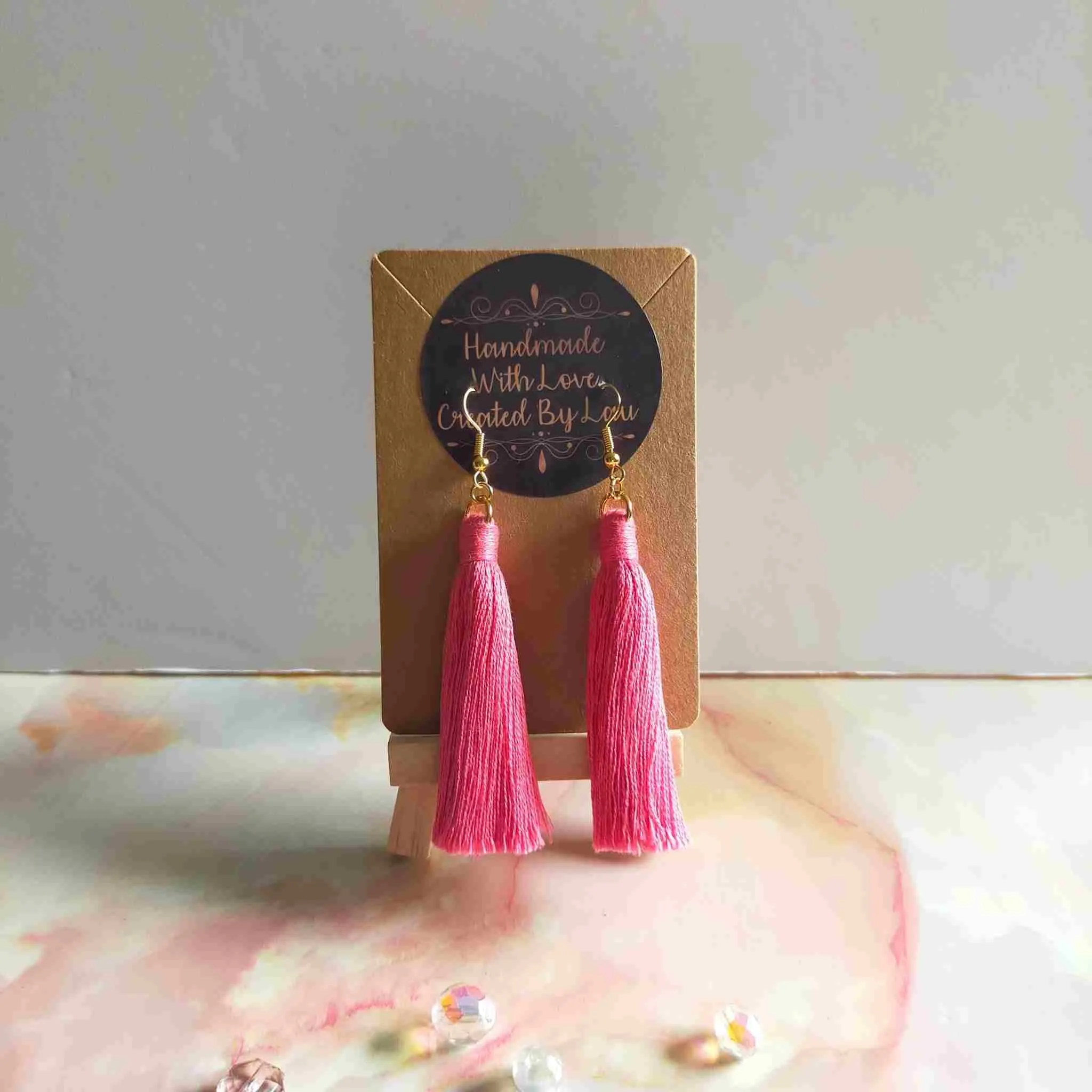 "Lia" Coral Gold Plated Cotton Macramé Tassel Earrings