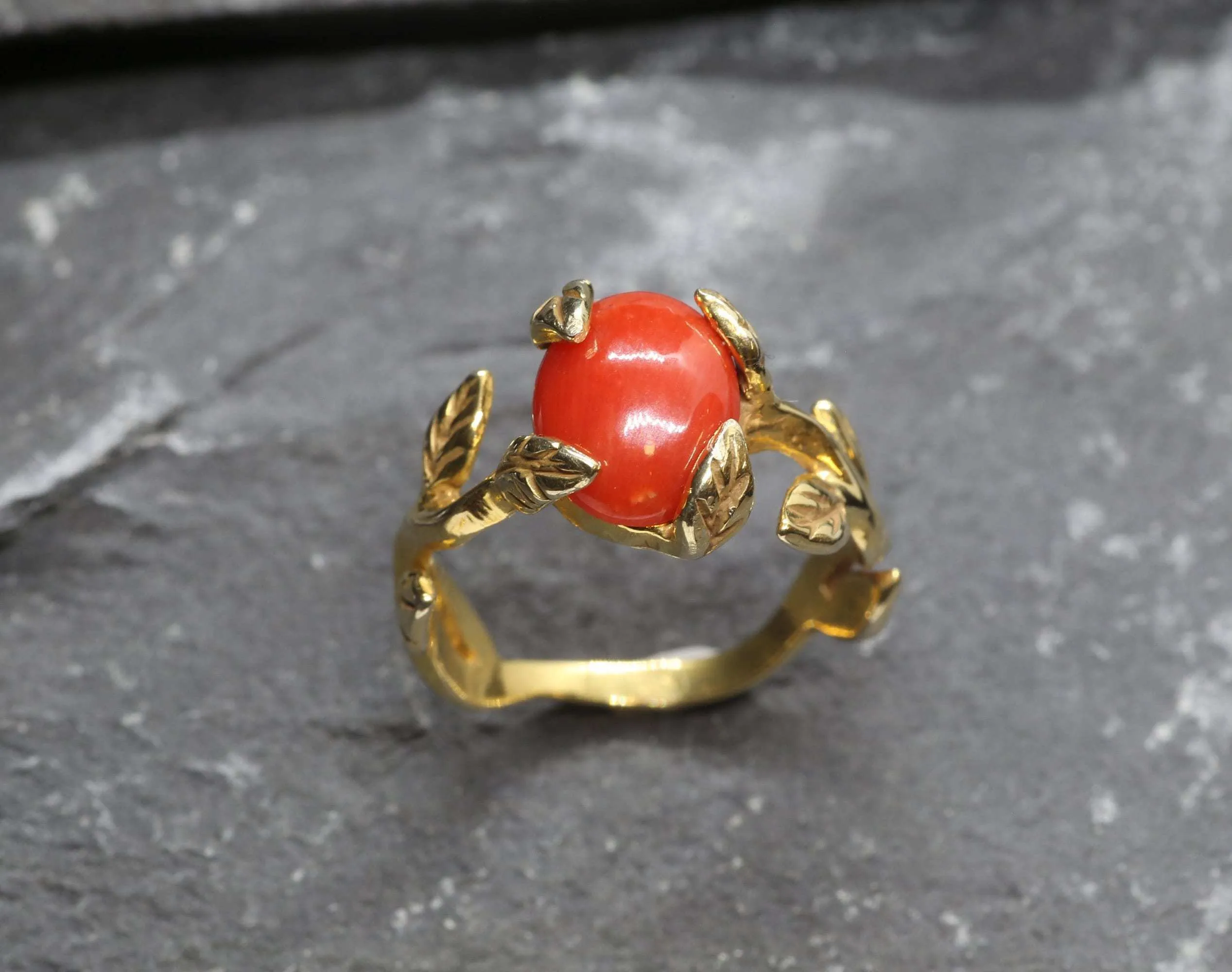 Red Coral Gold Ring - Leaf Coral Ring, Natural Coral Ring, Bohemian Gold Ring