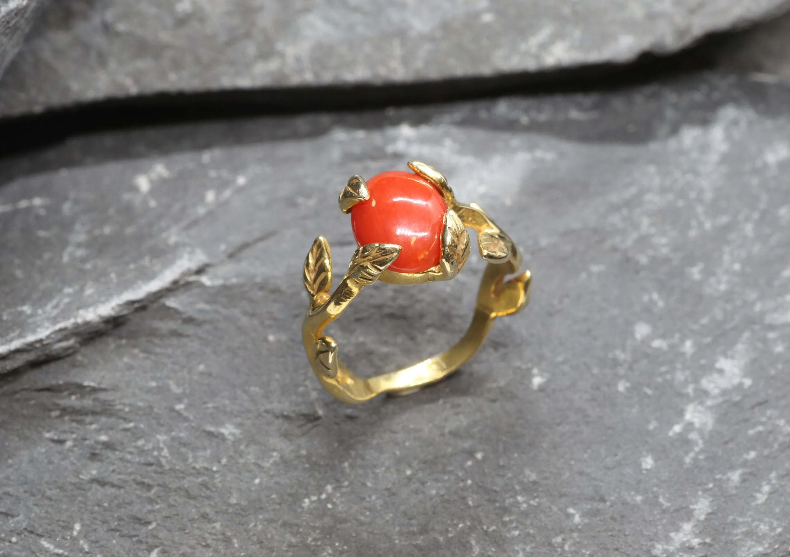 Red Coral Gold Ring - Leaf Coral Ring, Natural Coral Ring, Bohemian Gold Ring