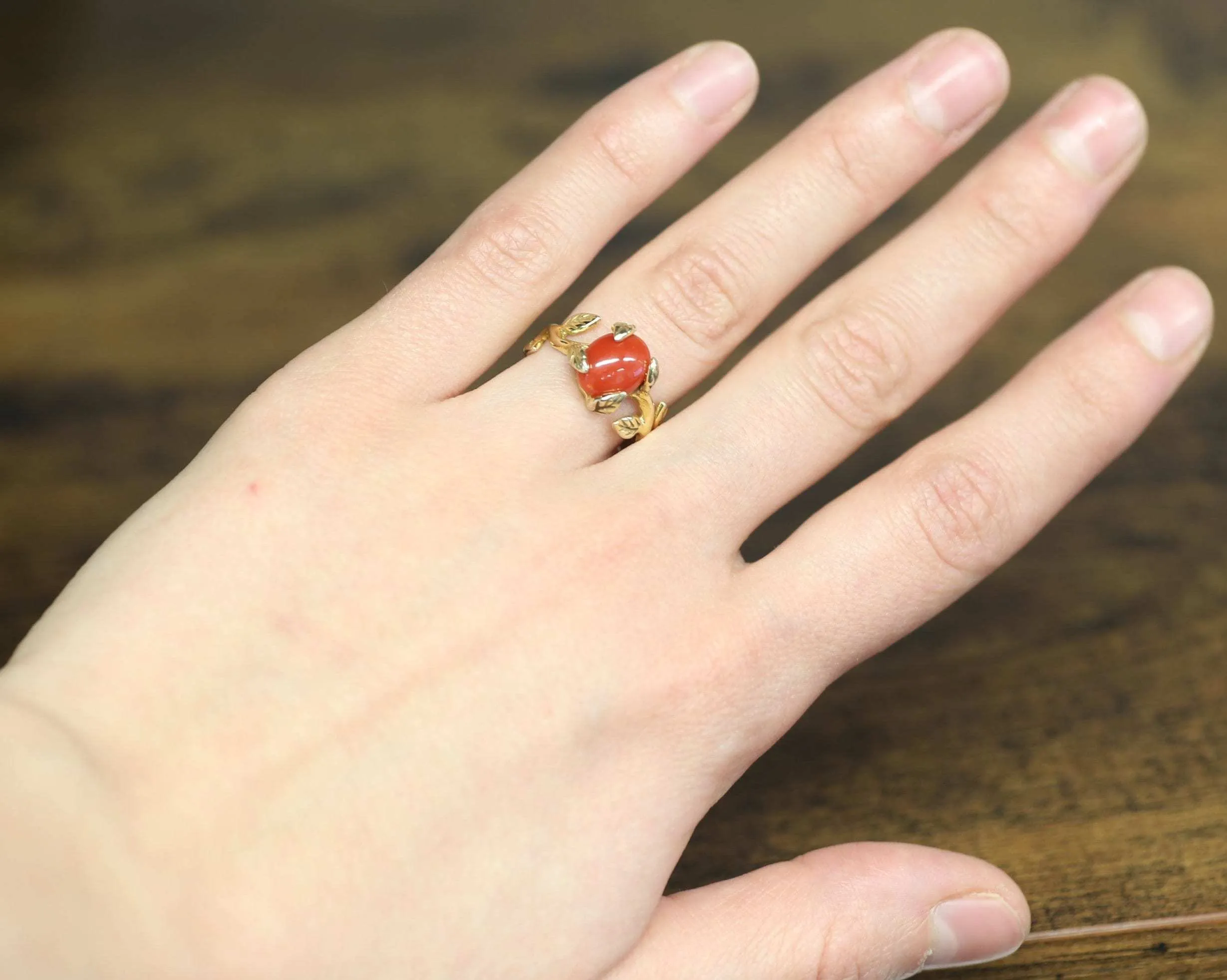 Red Coral Gold Ring - Leaf Coral Ring, Natural Coral Ring, Bohemian Gold Ring