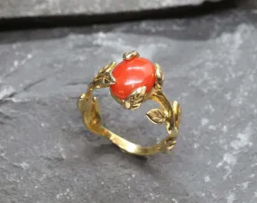 Red Coral Gold Ring - Leaf Coral Ring, Natural Coral Ring, Bohemian Gold Ring