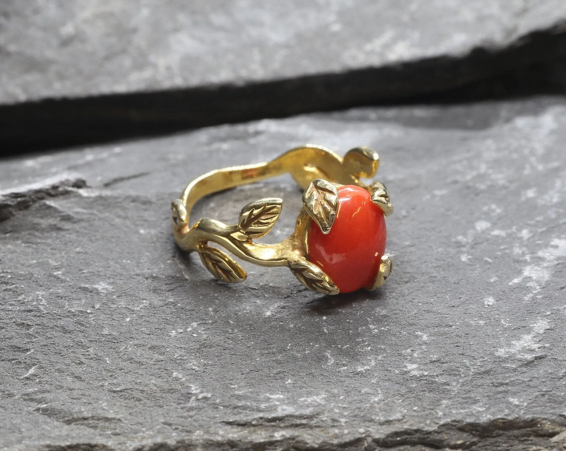Red Coral Gold Ring - Leaf Coral Ring, Natural Coral Ring, Bohemian Gold Ring