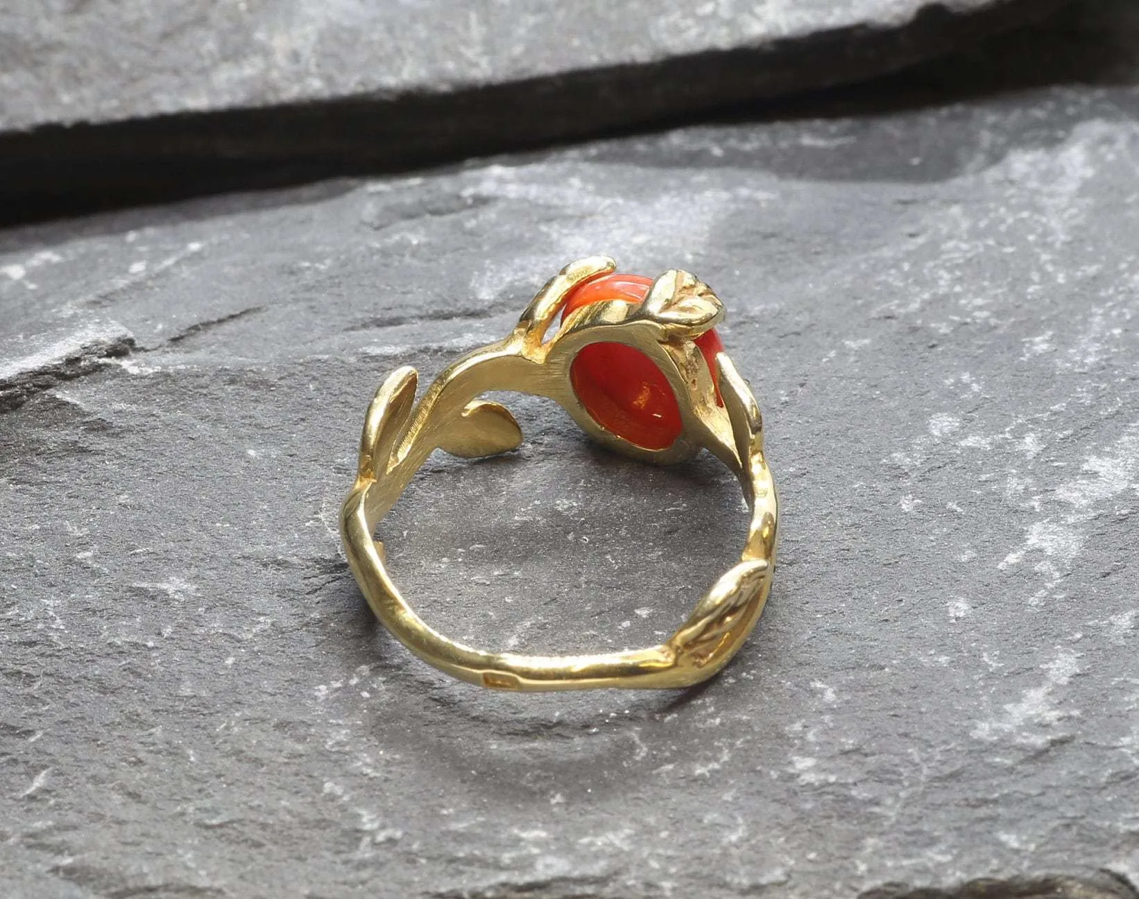 Red Coral Gold Ring - Leaf Coral Ring, Natural Coral Ring, Bohemian Gold Ring