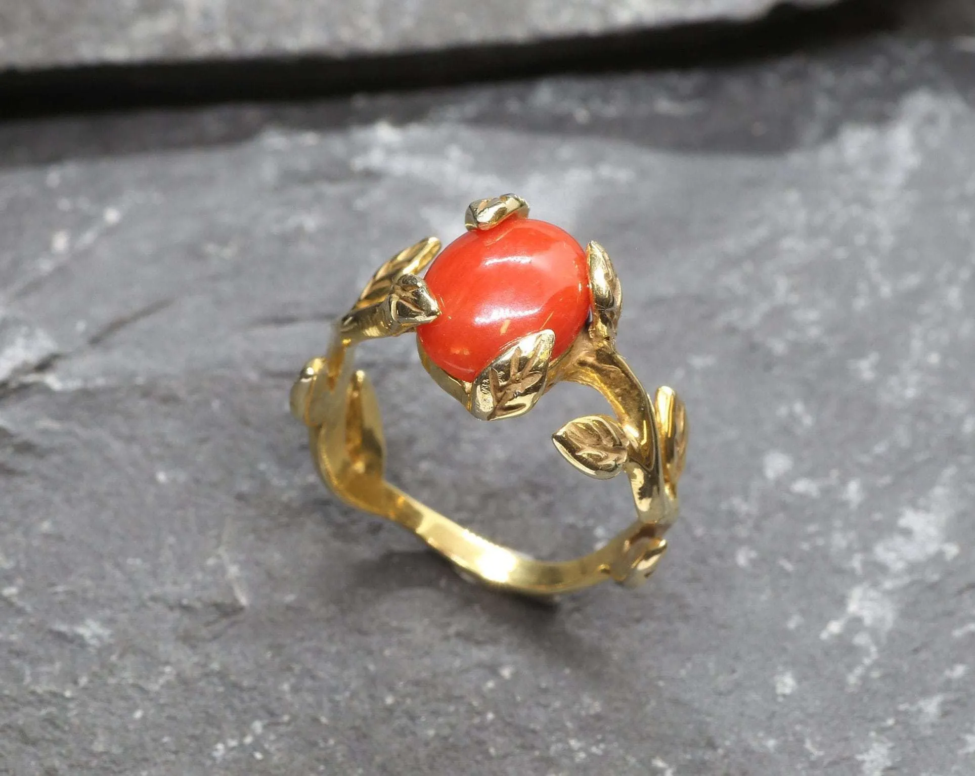 Red Coral Gold Ring - Leaf Coral Ring, Natural Coral Ring, Bohemian Gold Ring
