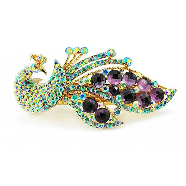 Rhinestone Gold Finish Peacock Hair Barrette