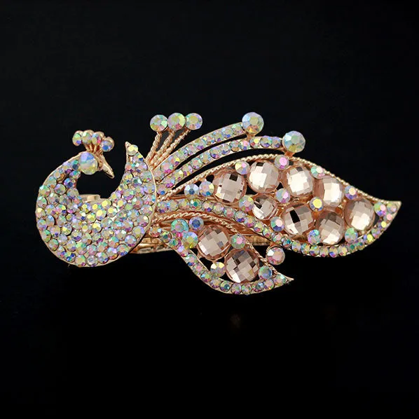 Rhinestone Gold Finish Peacock Hair Barrette
