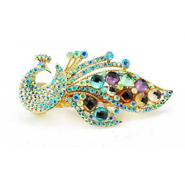 Rhinestone Gold Finish Peacock Hair Barrette