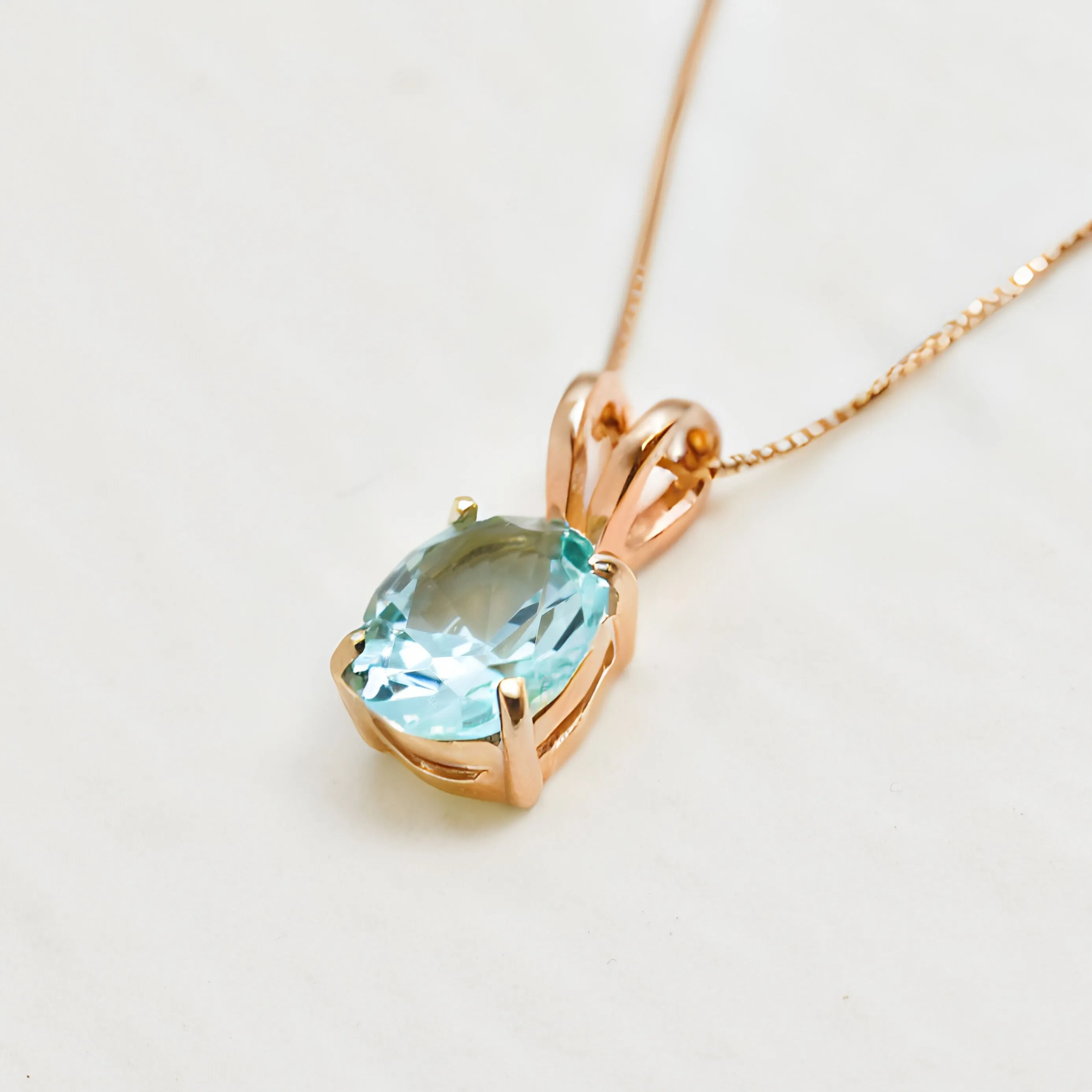Rose Gold Aqua Pendant - Gold Aquamarine Necklace - Blue Oval Necklace