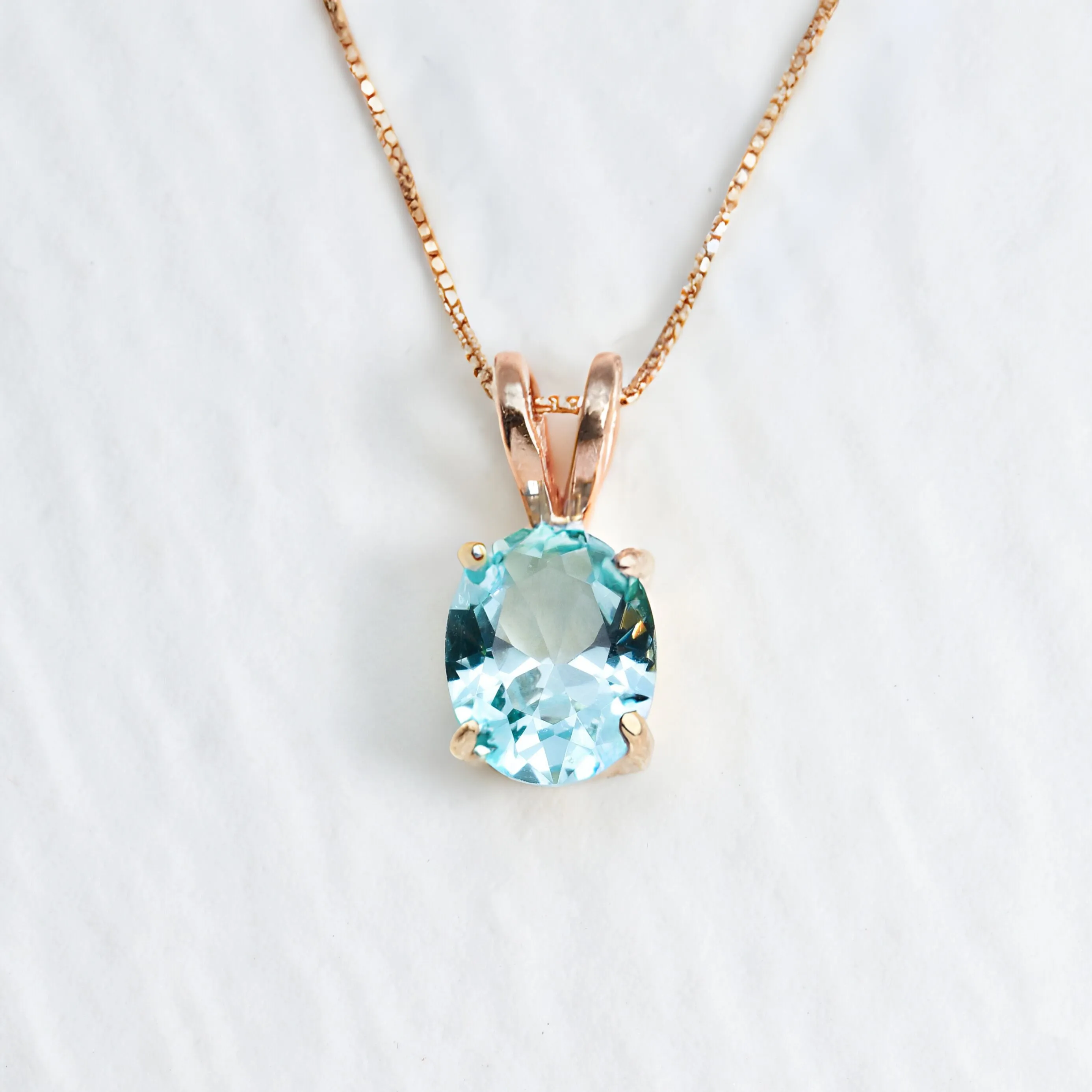 Rose Gold Aqua Pendant - Gold Aquamarine Necklace - Blue Oval Necklace