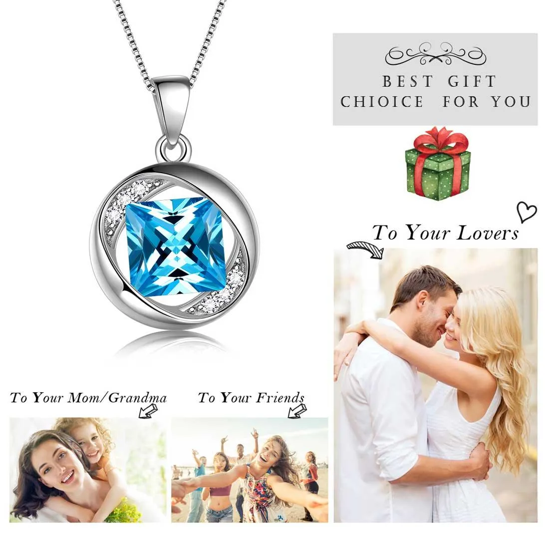 Round Birthstone March Aquamarine Necklace Pendant Women Girls Jewelry Birthday Gift