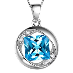 Round Birthstone March Aquamarine Necklace Pendant Women Girls Jewelry Birthday Gift