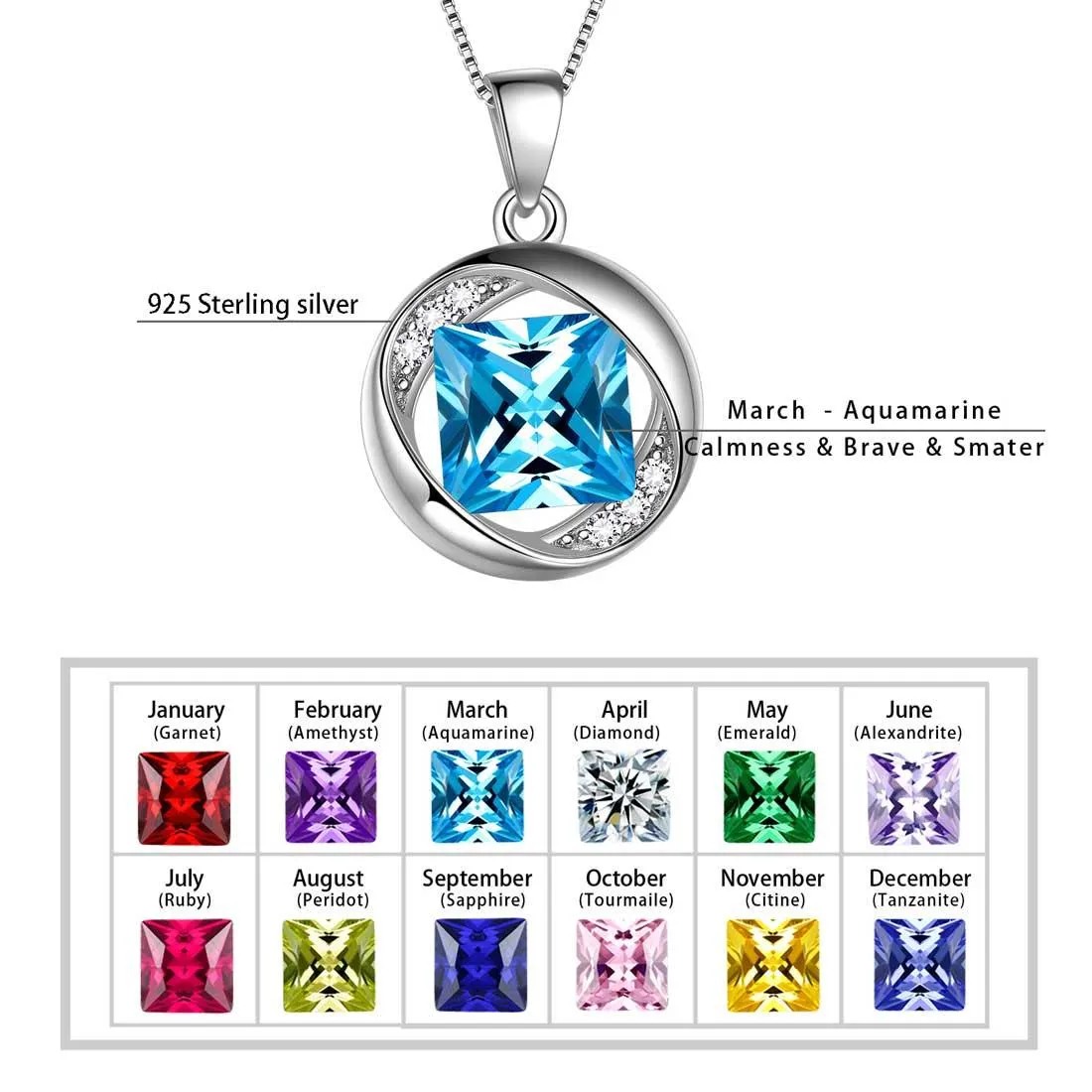Round Birthstone March Aquamarine Necklace Pendant Women Girls Jewelry Birthday Gift