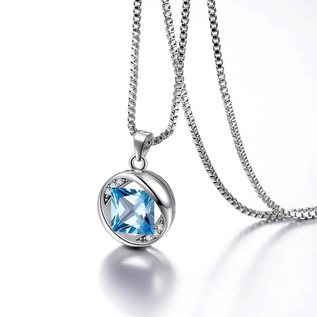Round Birthstone March Aquamarine Necklace Pendant Women Girls Jewelry Birthday Gift